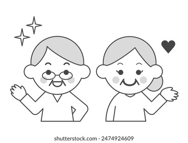Vektorillustration eines lächelnden älteren Paares. Schwarz und Weiß. Zwei glückliche Menschen. Pose mit einer Hand nach außen.
