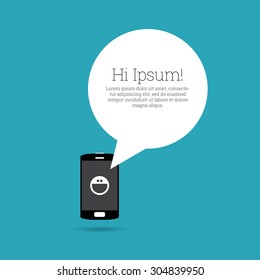 Vector illustration of smiling emoticon on phone and white copyspace.