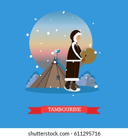Vector illustration of smiling eskimo, chukchi character playing tambourine. Arctic landscape, northern people lifestyle flat style design elements.