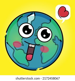 Ilustración vectorial de la cara sonriente lindo globo de dibujos animados con signo del corazón del amor, diseño de plantillas del Día Internacional de la Tierra, continente americano y europeo