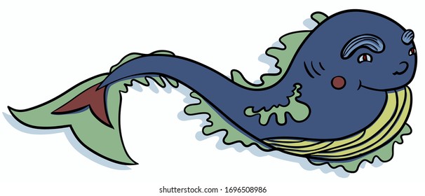 Vector illustration: smiling fantastical fish with big eyebrows on a white background
