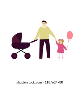 Vector illustration of smiling father with his little daughter and new born child.  