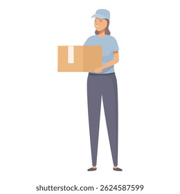 Ilustração vetorial de uma mensageira sorridente do sexo feminino em uniforme carregando uma caixa de papelão