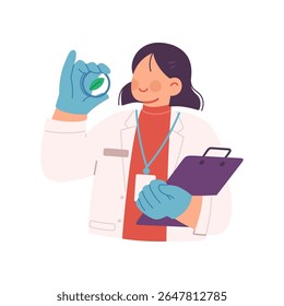 Ilustração vetorial de uma cientista sorridente segurando amostras de plantas em lâmina de vidro e prancheta, conduzindo pesquisas agrícolas. Mulheres nas áreas de Ciência, Pesquisa Agropecuária e CTEM