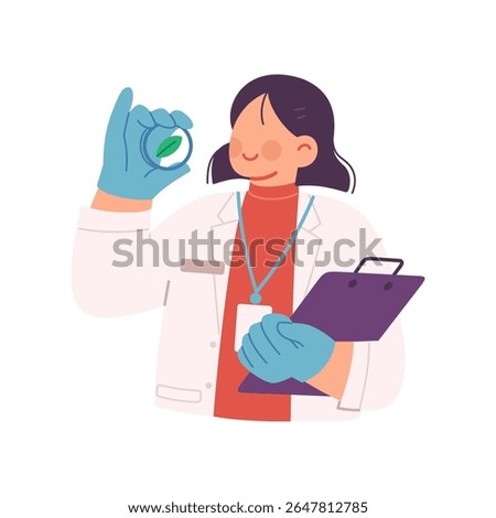 Vector illustration of smiling female scientist holding plant sample on glass slide and clipboard, conducting agricultural research. Women in science, Agri research, and STEM fields