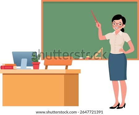 Vector illustration of a smiling female teacher with a red pointer standing in front of a blackboard in a classroom interior. The scene includes a desk with books, a plant, and a laptop. Education and
