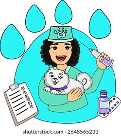 Vector illustration of a smiling female veterinarian holding a fluffy white dog and a syringe. Surrounded by medical items and a paw print background, symbolizing pet care and veterinary services.