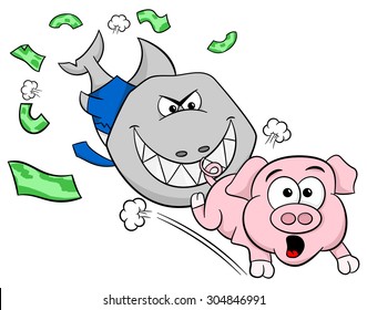vector illustration of a smiling financial shark hunting a frightened piggy bank
