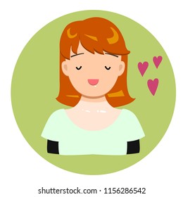 Vector illustration, smiling flat girl feeling love on a round background.