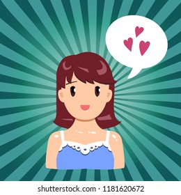 Vector illustration, smiling flat girl feeling love on a striped background. Speech bubble.