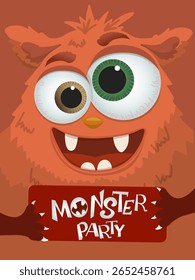 Ilustração vetorial de um monstro sorridente e amigável com um convite de Festa de Monstro. A expressão divertida e o design colorido da criatura fazem com que seja ideal para eventos temáticos e festas infantis.