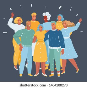 Vector illustration of smiling friends event hang, take selfies night life festive. Team, coworkers, friends or relatives. Group of people together on dark background.