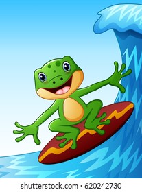 Vector illustration of Smiling frog cartoon surfing on big sea waves