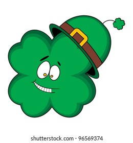 Vector illustration of a smiling, funny Saint Patrick's Day character in the form of a four leaf clover.