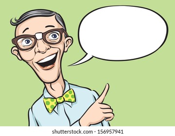 Vector illustration of smiling geek with speech balloon. Easy-edit layered vector EPS10 file scalable to any size without quality loss. High resolution raster JPG file is included.