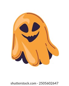 Vector illustration of a smiling ghost wearing an orange cloak, isolated on a white background. Ideal for Halloween designs, spooky decorations, or children projects.