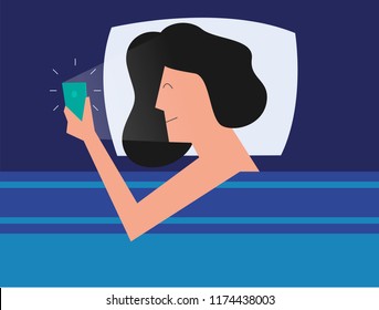 Vector Illustration of a smiling girl in bed looking into her phone. Using a phone 