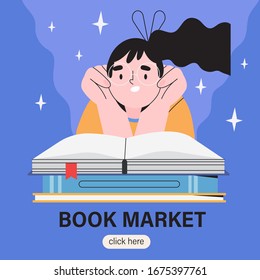 Vector illustration of a smiling girl character reading a book or story. Creative banner, poster, invitation, post for book crossing, exchange, marker or fair. World literacy or reading day.