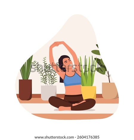 Vector illustration of a smiling girl doing yoga exercise. Cartoon scene of a girl sitting in lotus position with arms raised, in sportswear, doing workout, isolated on white background. Meditation.