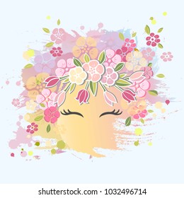 Vector illustration with Smiling Girl Face, floral wreath. Template for Warm season postcard, woman's day, mother day, Chinese New Year, girl birthday, Japanese girl day. Watercolor painting imitation