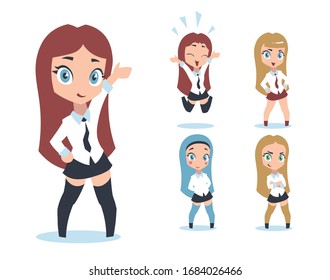 Vector illustration of a smiling girl in flat colors with five variations of the face expression, hair, clothing and pose.