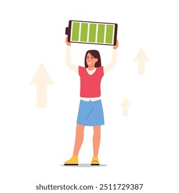 Vector illustration of a smiling girl holding a fully charged battery. Cartoon scene of a girl holding a battery full of green charge, isolated on a white background. Full of energy for work.Business.