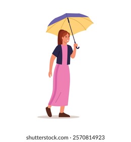 Vector illustration smiling girl holding an umbrella. Cartoon scene girl dressed in a pink dress, blue sweater, shoes, holding an umbrella isolated on white background. Protection from the sun,rain.