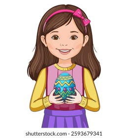  Vector illustration of a smiling girl holding a beautifully decorated Easter egg. Long brown hair with a pink headband, outfit in shades of purple, pink and yellow. 