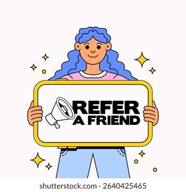 Vector illustration of a smiling girl holding a referral sign that says "Refer a Friend" with a megaphone icon perfect for promotions, social media campaigns, marketing materials, and customer loyalty