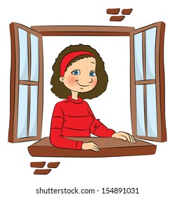 Vector illustration of a smiling girl looking out through window.