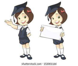 vector illustration of smiling girl in mortar board, holding blank banner