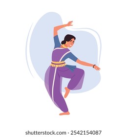 Vector illustration of a smiling girl performing an Indian dance.Cartoon scene of a girl in a traditional Indian costume with jewelry,a belt, dancing, moving gracefully isolated on a white background.