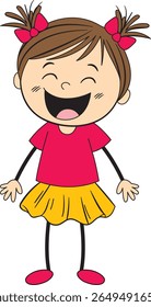 Vector illustration of a smiling girl with pigtails, wearing a red top and yellow skirt. Simple, colorful, and playful design