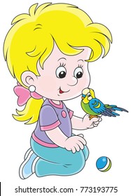 Vector illustration of a smiling girl playing with her small parrot