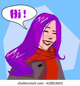 vector illustration of a smiling girl with purple hair