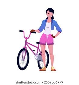 Vector illustration of smiling girl standing near bicycle. Two-wheeled vehicle. Active lifestyle. Health and sport. Cycling. Flat cartoon style on isolated background.