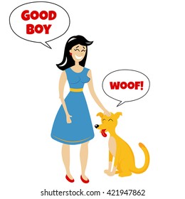 vector illustration of a smiling girl standing with a dog, pet training concept, retro comics style
