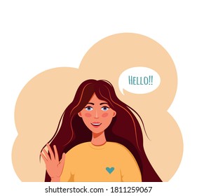 Vector illustration of a smiling girl waving her hand and saying "Hello". A woman with long brown hair in a yellow sweater with a blue heart