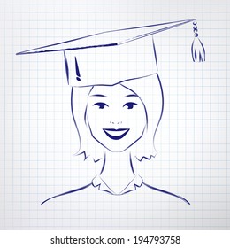 Vector illustration of smiling graduate student portrait drawn on school paper.
