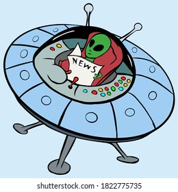 Vector  illustration of a smiling green alien sitting in a flying saucer and reading a newspaper