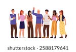 Vector illustration of a smiling group of boys and girls.Cartoon scene boys and girls with different skin color show different hand gestures: waving, victory sign, super isolated on white background.