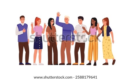 Vector illustration of a smiling group of boys and girls.Cartoon scene boys and girls with different skin color show different hand gestures: waving, victory sign, super isolated on white background.