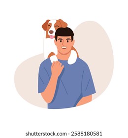 Vector illustration of a smiling guy with a pet. Cartoon scene of a happy guy in a blue t-shirt holding a dog on his shoulders isolated on a white background. Caring for the animal. Owner and dog.