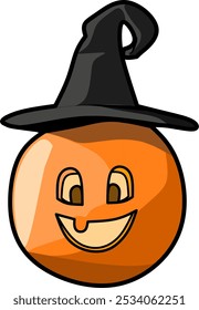A vector illustration of a smiling Halloween pumpkin lamp wearing a witch hat, blending spooky and fun elements for festive Halloween-themed designs