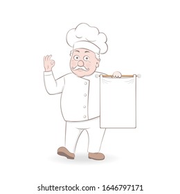 Vector illustration smiling handsome cook man points to white banner for your text. Flyer, web banner design template.