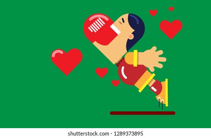 Vector illustration Smiling and happy boy jumping from Love and shouting Hooray isolated on green background. Valentine's Day.