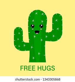 Vector illustration with smiling happy cactus and free hugs text. For web, print. 