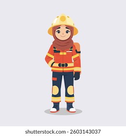 Vector Illustration of a Smiling Hijabi Woman Firefighter in Uniform