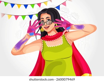 Vector illustration of smiling Indian girl shows colorful hands celebrating Holi