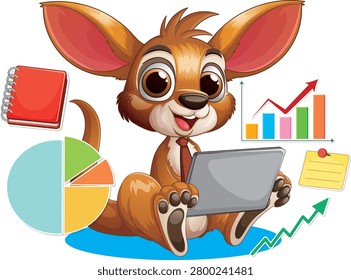 Vector illustration of a smiling kangaroo wearing a tie, analyzing digital business growth charts.